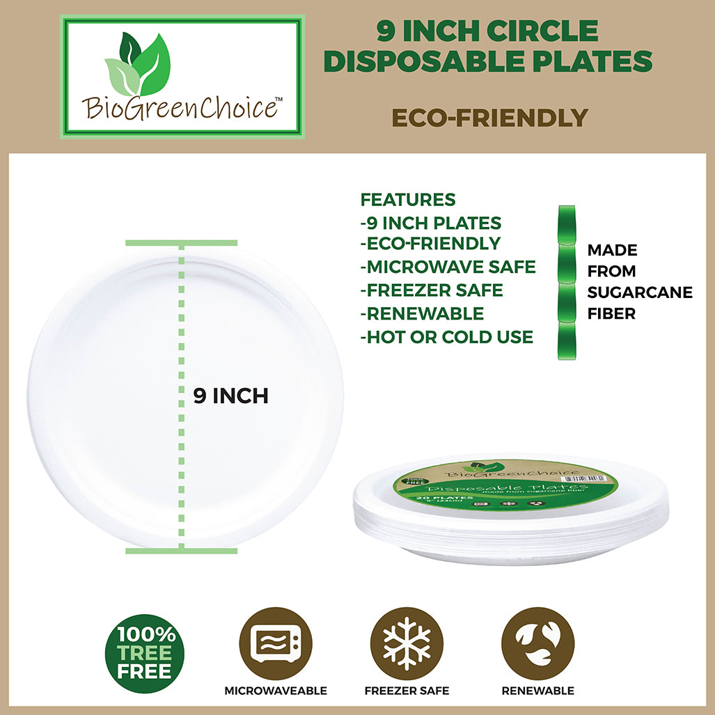 9 inch Natural Compostable & Disposable Sugarcane Plates, 300 Pack