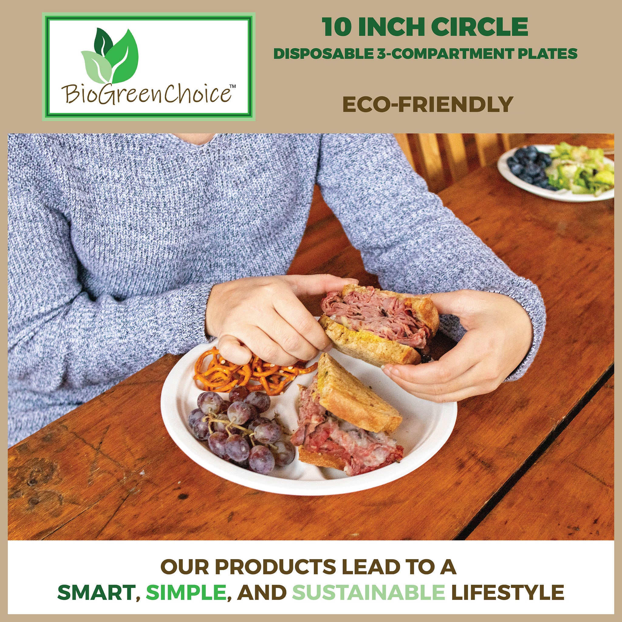 300 Pack] 10 inch 3-Compartment Round Disposable Plates - Biodegradable,  Compostable, Sugarcane, Wheat Straw Fiber, Bagasse - Environmental Paper  Plate, Tree Free, Sturdy by EcoQuality 